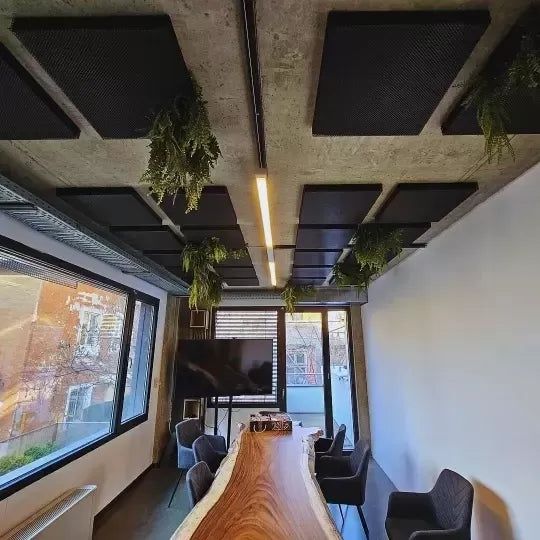 Kantoorruimte met akoestische plafondpanelen, planten en vergadertafel